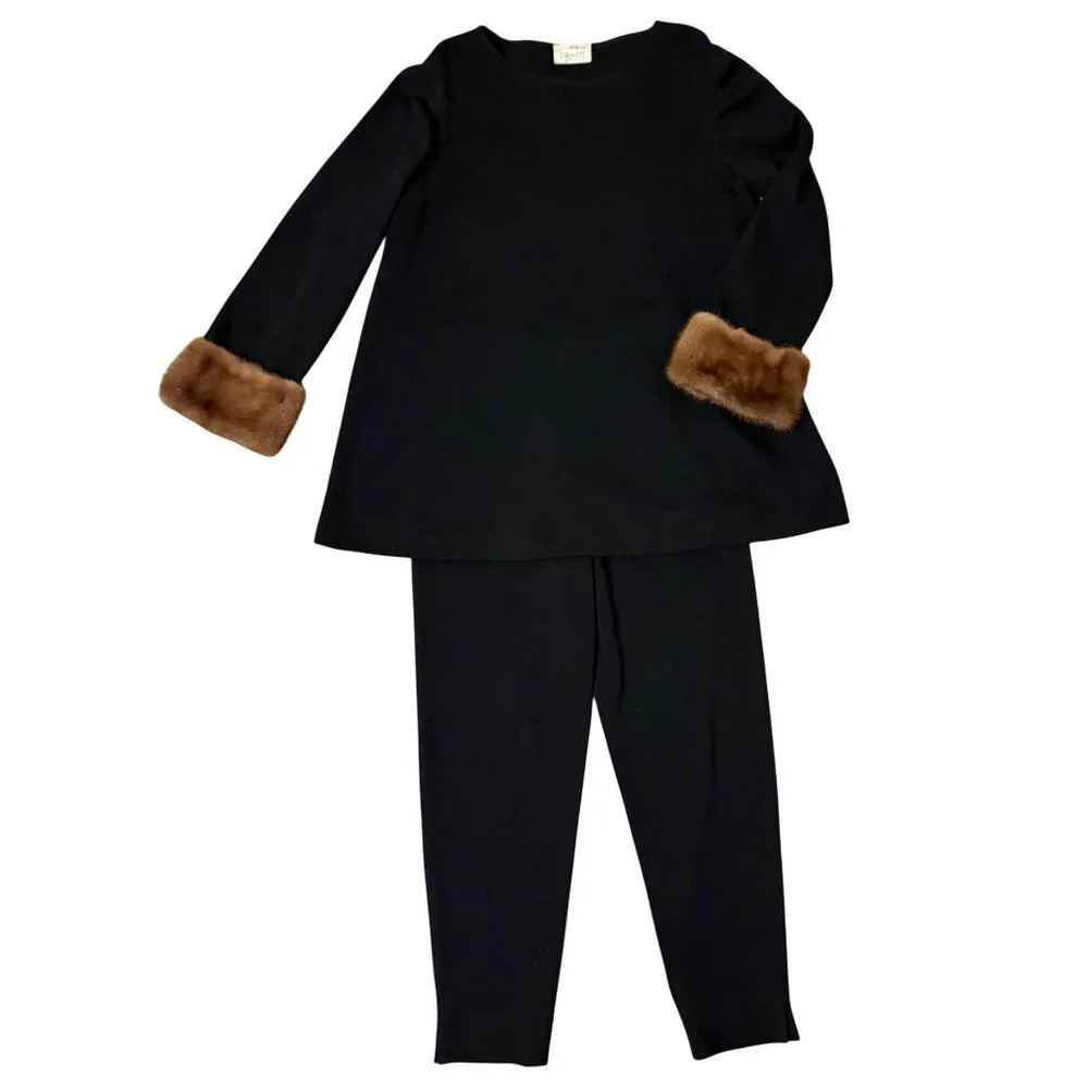 Isaac Mizrahi 6 8 Runway F/W 94 Faux Fur Sweater VTG Cigarette Pant Suit Black